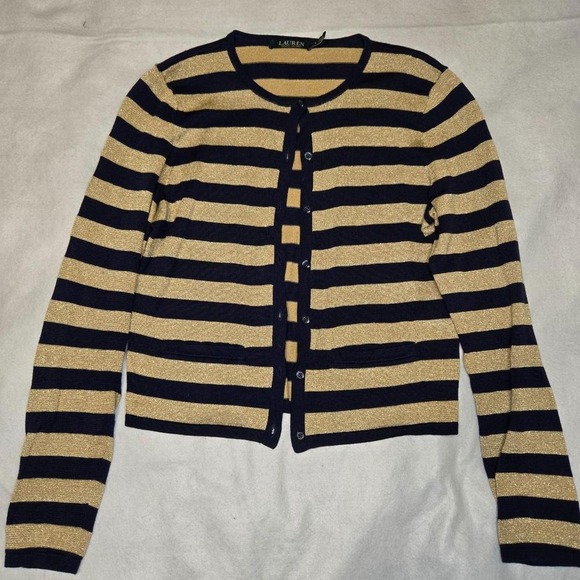 Lauren Ralph Lauren M Striped Navy Gold Metallic Button Cardigan Sweater - Picture 1 of 8